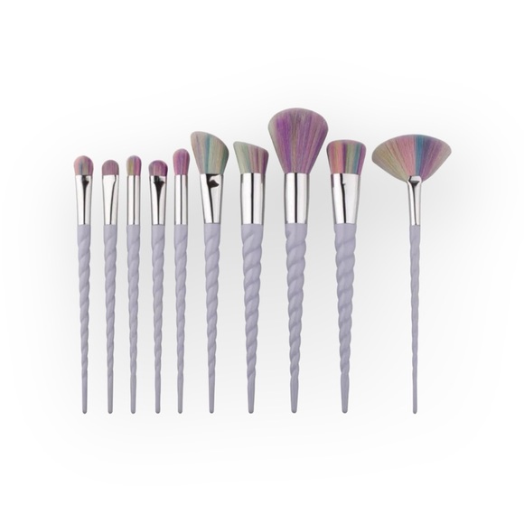 SOTM Other - new Unicorn Horn ༄ 10 Piece Kabuki Makeup Brush Set ༄ Pearl ༄ Pink Hologram Case